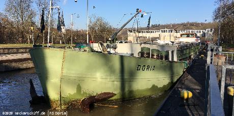 Bild: Der olivgrüne Bug der GMS Doria im Februar 2020. Die Aufnahme entstand kurz nach dem Hochwasser. Am Anker ist zu sehen daß sich noch so einiges an Treibgut im Neckar befindet.